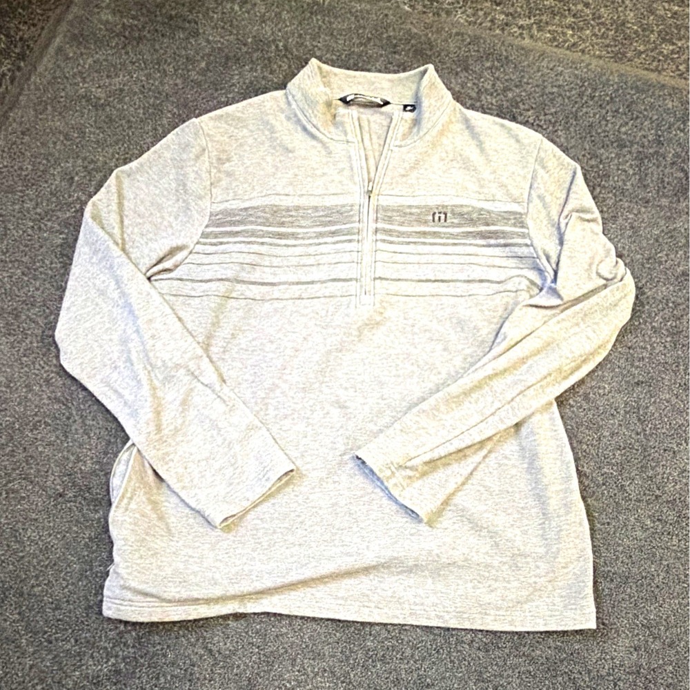 TravisMathew Men's Gray Striped 1/4 Zip Mock Neck Pullover Sweatshirt M